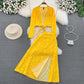 European And American-style Long-sleeve Deep V-neck Tie-up Top Two-piece Set