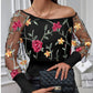 Black Mesh Three-dimensional Flower Off-shoulder Puff Sleeve Top