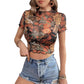 Mesh Floral Print Stringy Selvedge Short Sleeve T-shirt Slimming Top For Women