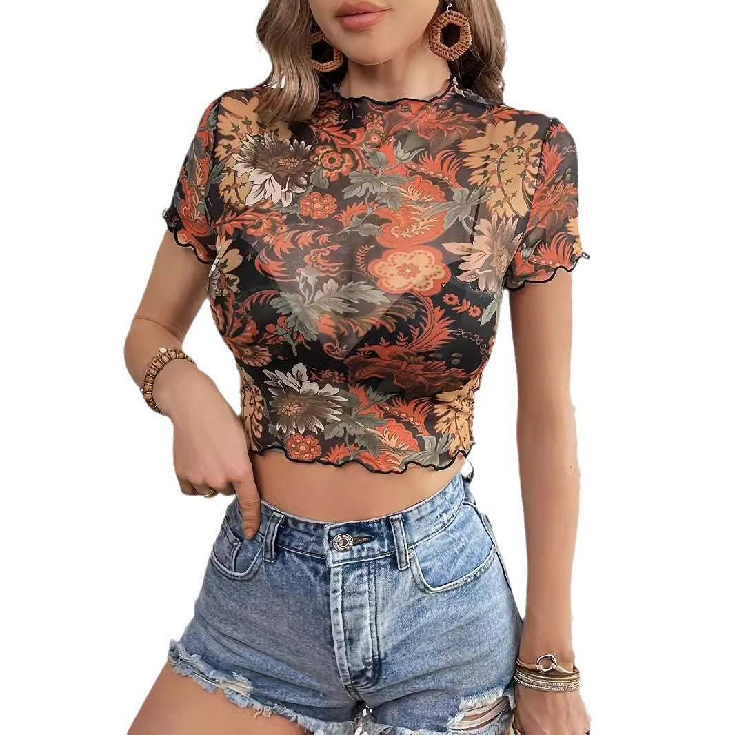 Mesh Floral Print Stringy Selvedge Short Sleeve T-shirt Slimming Top For Women