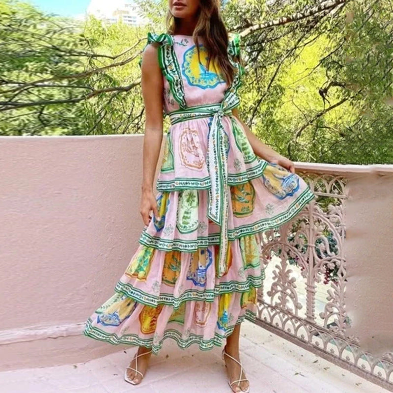 Robe à imprimé style bohème rétro minoritaire, taille haute, dos nu