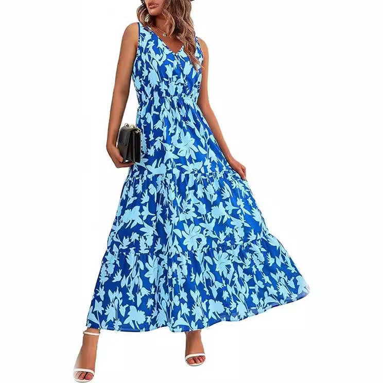 Robe imprimée à col en V et taille élastique pour femme