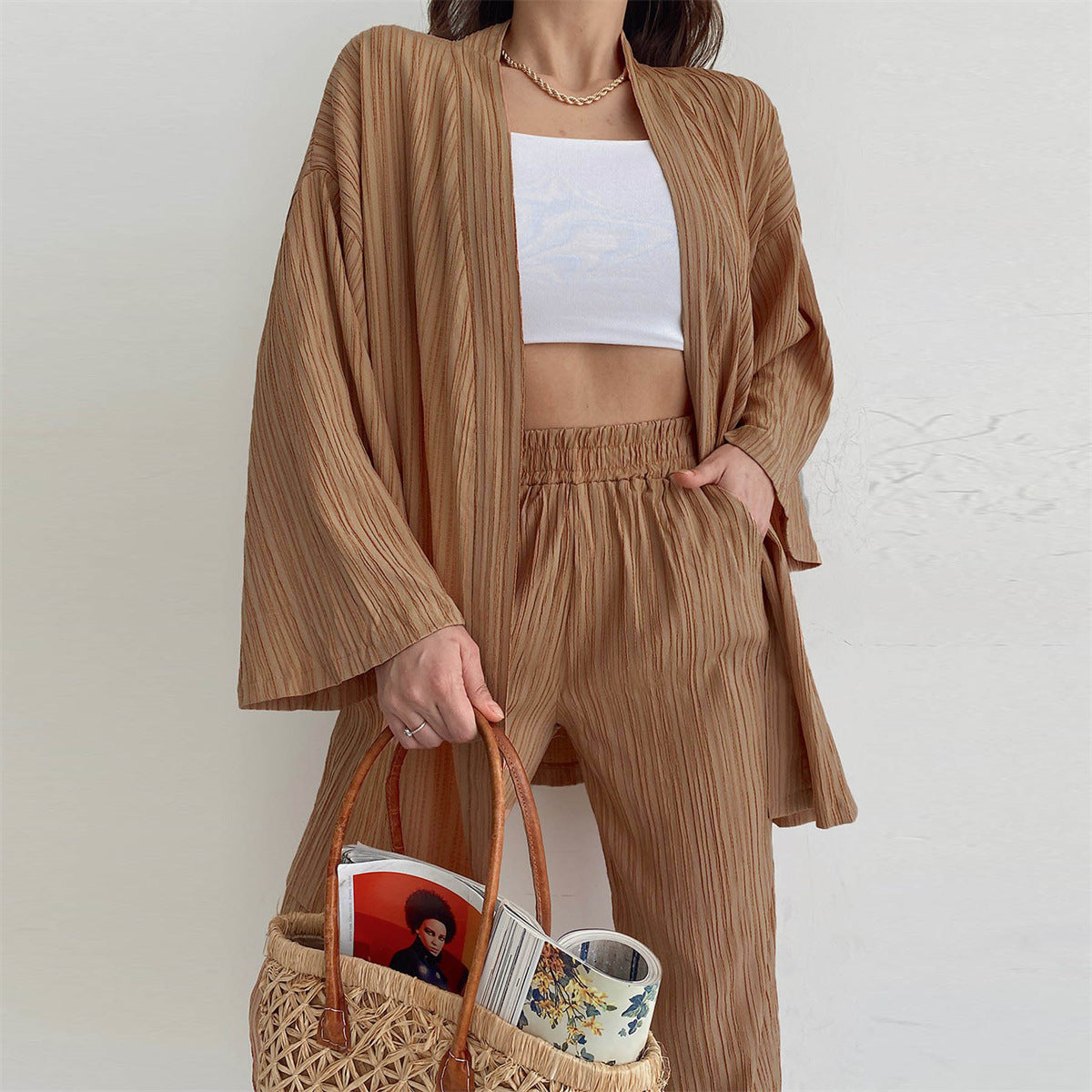 Costume décontracté camel pour femmes européennes et américaines, début d'automne, haut cardigan à manches longues, pantalon droit, tenue de maison, costume deux pièces