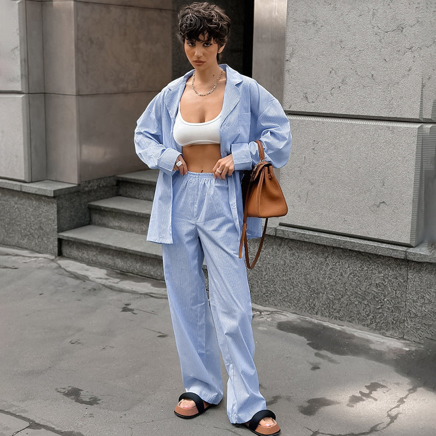 Casual Striped Commuter Lapel Long Sleeve Mop Trousers Suit