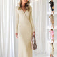 Robe longue en tricot à col en V et manches longues pour femme