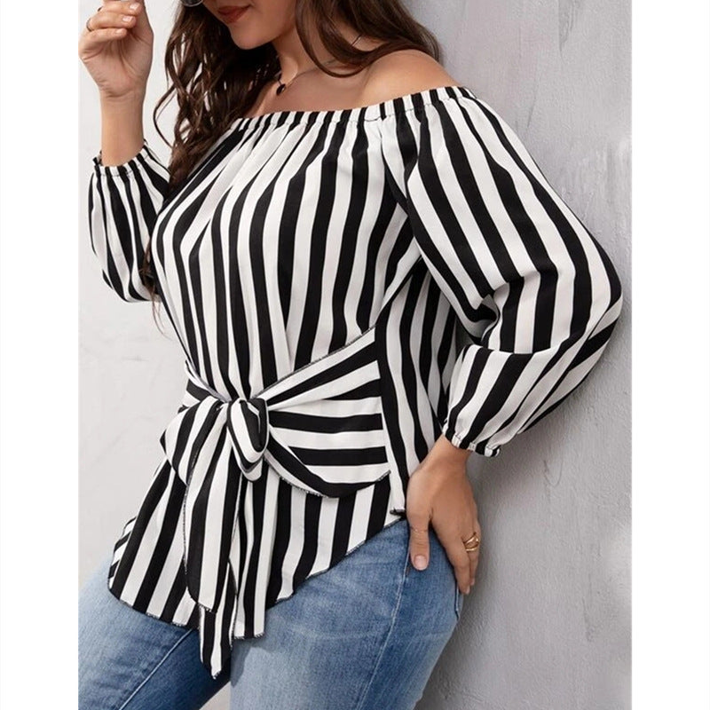 European And American Black And White Striped Fashion Off-shoulder Shirt