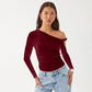 Diagonal Collar Pleated Asymmetric Long-sleeved Top For Women