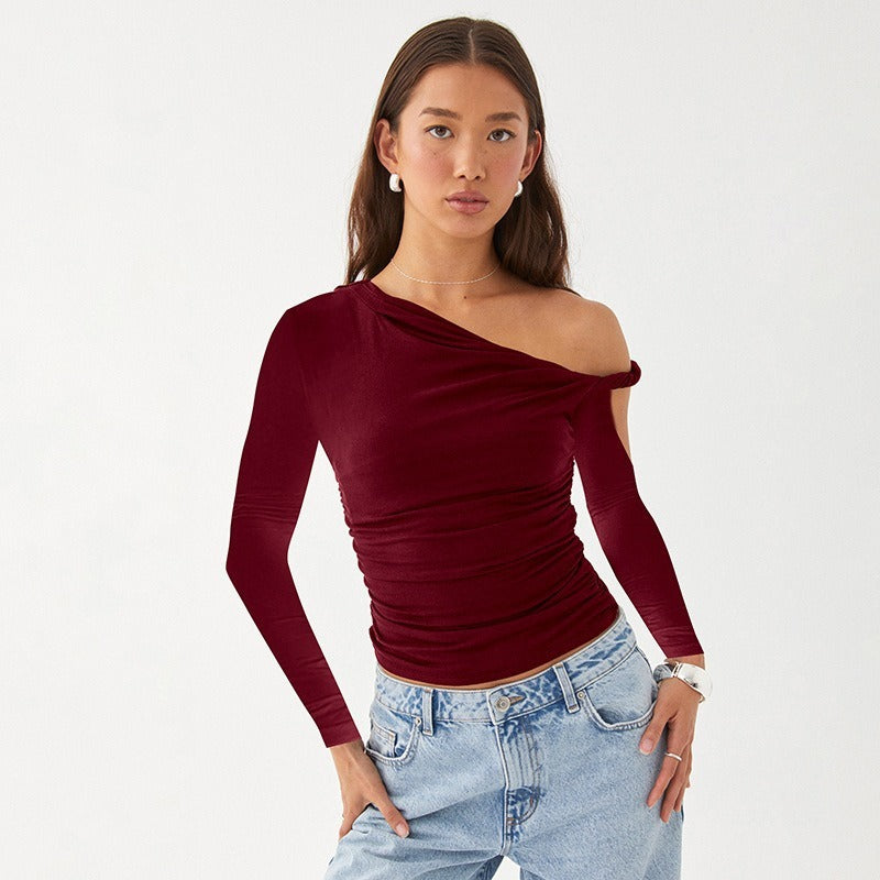 Diagonal Collar Pleated Asymmetric Long-sleeved Top For Women