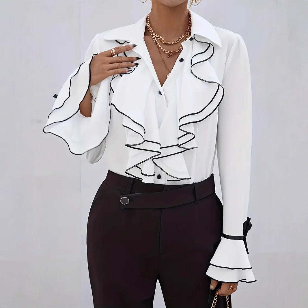 Solid Color Casual Ruffled Flared Sleeve Shirt Top