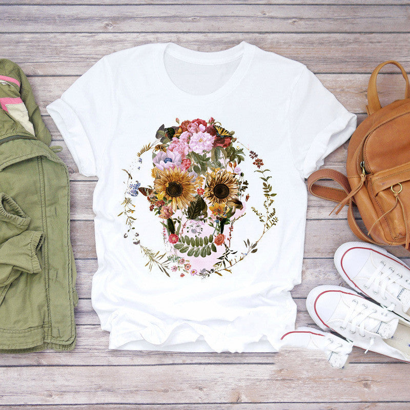 T-shirt personnalisé pour femme avec imprimé tête de mort, papillon et plante
