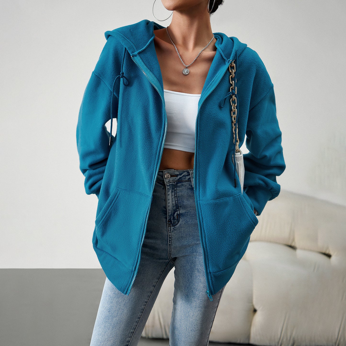 Veste cardigan à capuche décontractée avec poches, manteau de sport ample pour femme, vêtements d'extérieur solides, hiver et automne