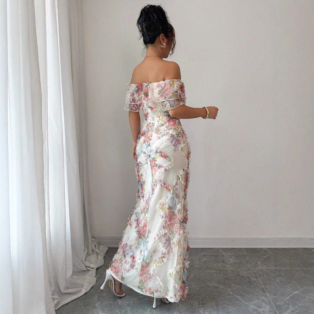 Women's Off-Shoulder Waist-Floral Mesh Dress