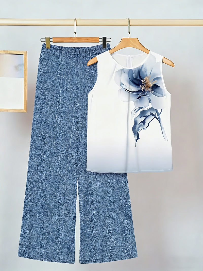 Womens Sleeveless Irregular Tank Top And Pants Fashionable Printed Two-Piece Set