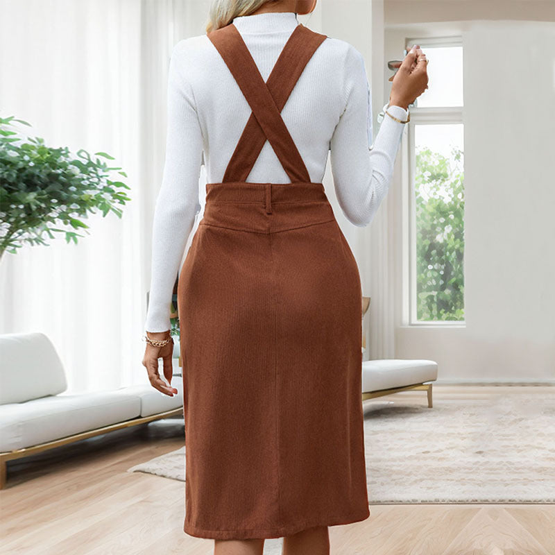 European Solid Color Casual Mid-length Suspender Skirt
