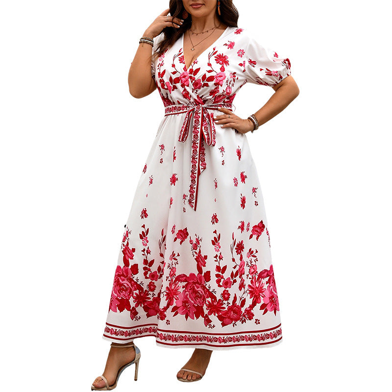 Retro V-neck Printing Dress European And American