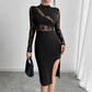 Womens Color-Block Lace Slit Sexy Bodycon Dress