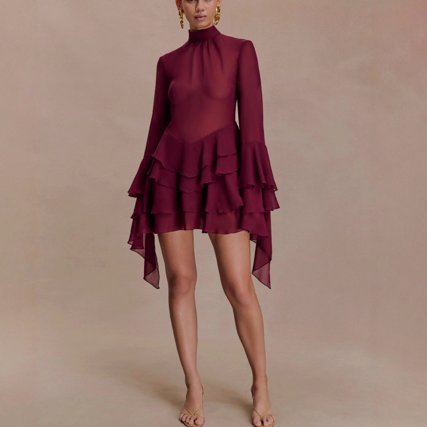 New Elegant Temperament Trumpet Sleeve Chiffon Dress