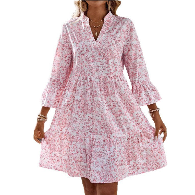 Loose V-neck Ruffle Floral Dress For Women