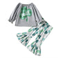 Four-Leaf Clover Printed Gray Long Sleeve Top White Trousers Two-piece Set