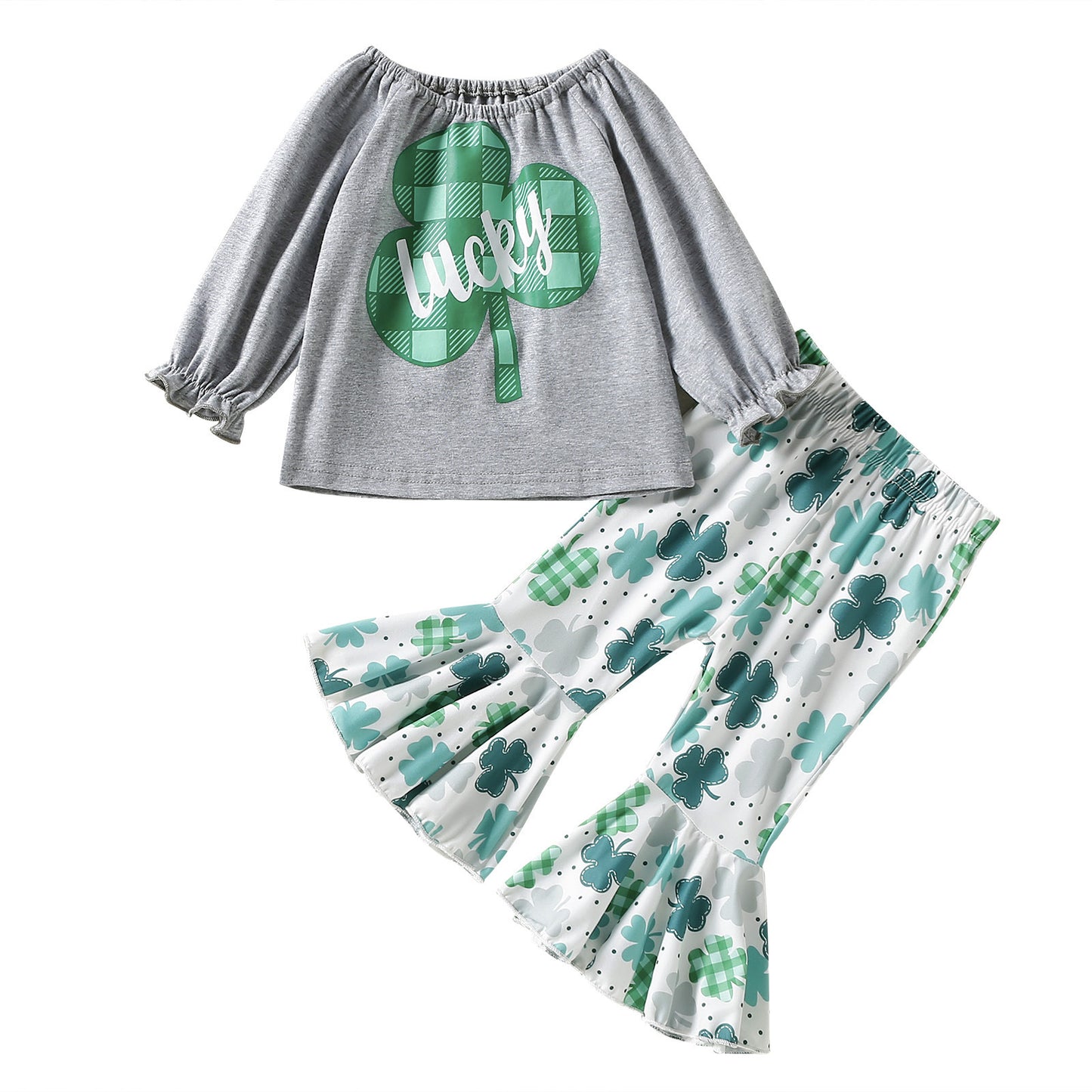 Four-Leaf Clover Printed Gray Long Sleeve Top White Trousers Two-piece Set