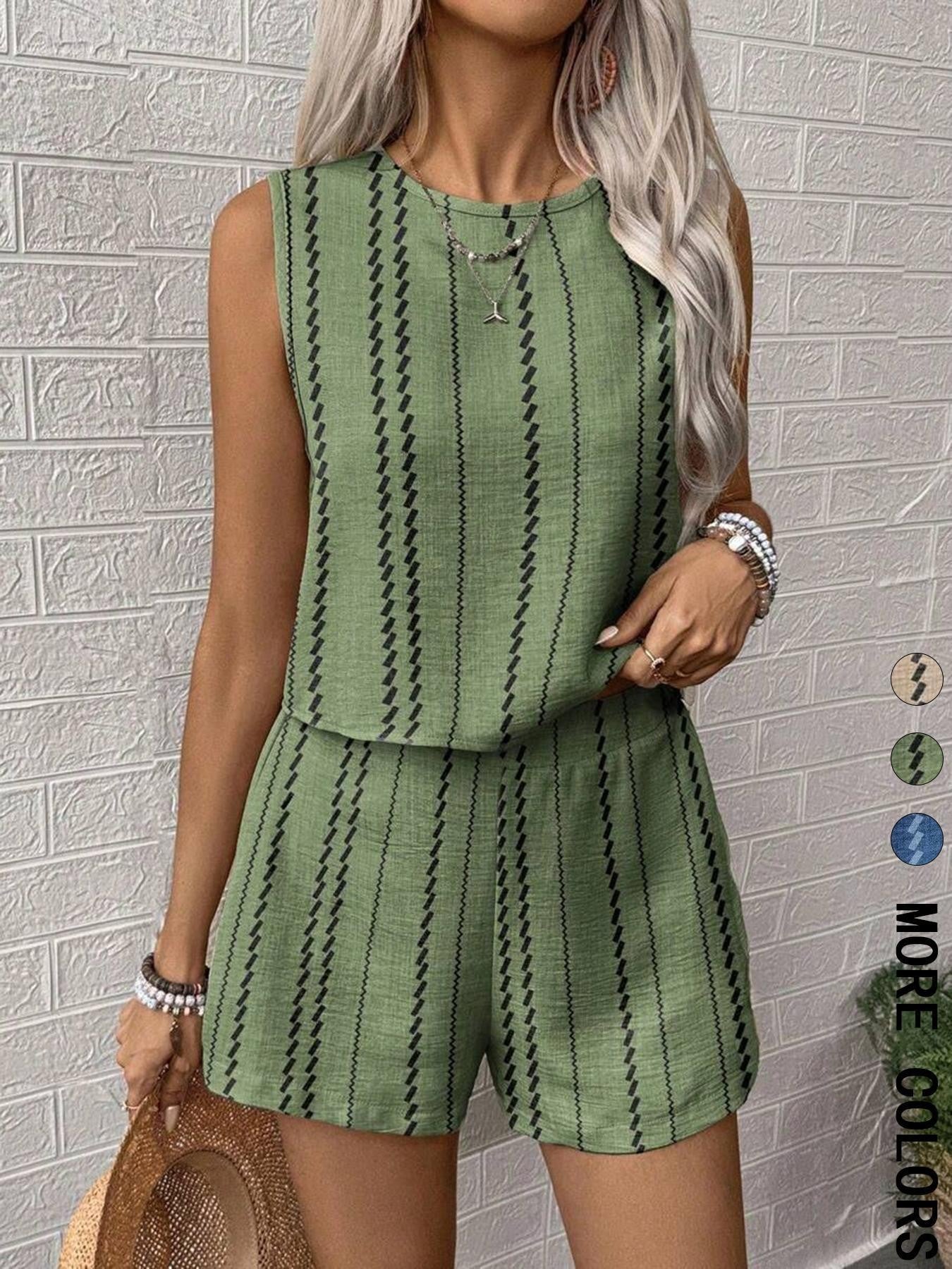 Casual Craft Stripe Printing Sleeveless Tank Top Shorts Suit