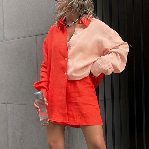 Ensemble chemise et short à manches longues et couleur contrastée pour femme