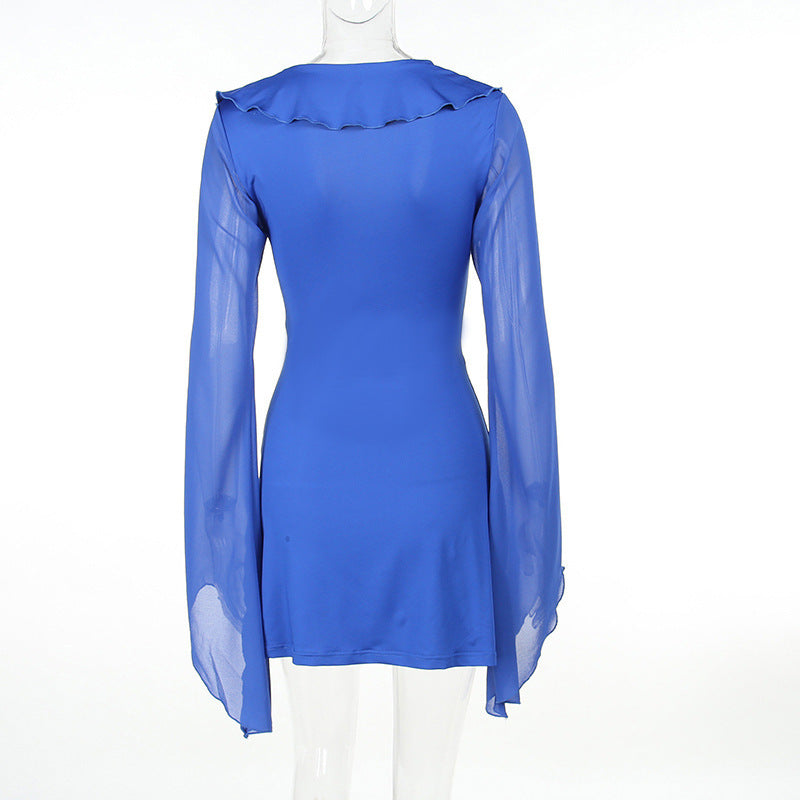 Robe sexy à volants, col en V, lacets, manches longues, jupe tendance Y2K, robes courtes slim couvrant les hanches pour femmes