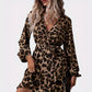 Fashion Leopard Print Dress Women's Elegant Deep V-neck Long Sleeve Belt Midi Dresses Casual Party Dresses