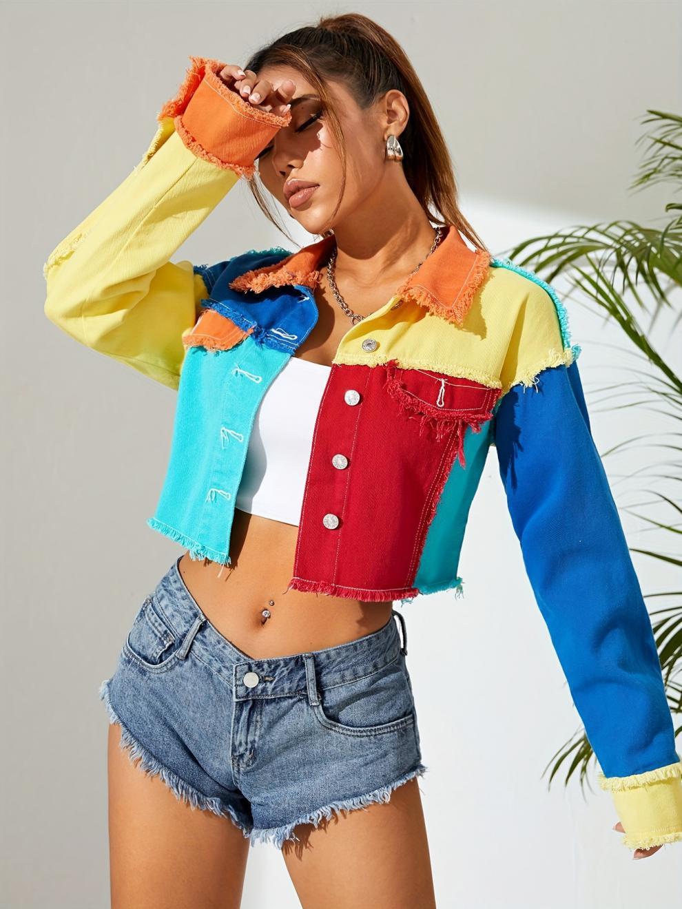 Personalized American-style Colorful Street Denim Short Top For Women