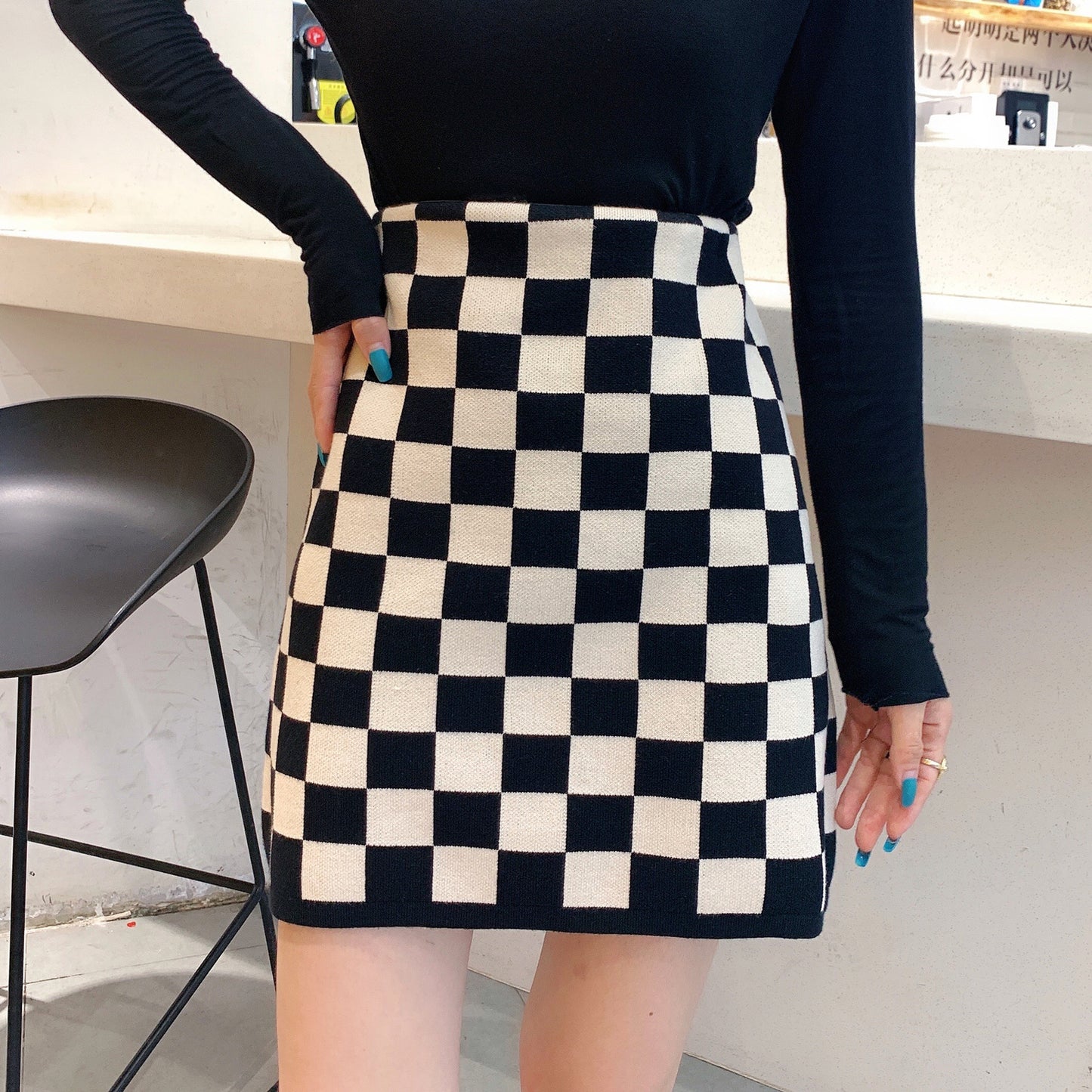 Jupe taille haute en tricot à carreaux pour femme