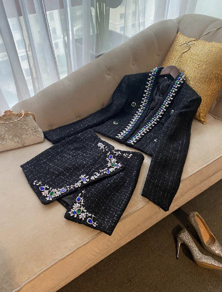 Diamond Blue And Fruit Collar Short Tweed Coat Short Skirt