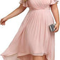 Banquet Evening Dress A- Line V-neck Chiffon Short Sleeve Knee-length Plus Size