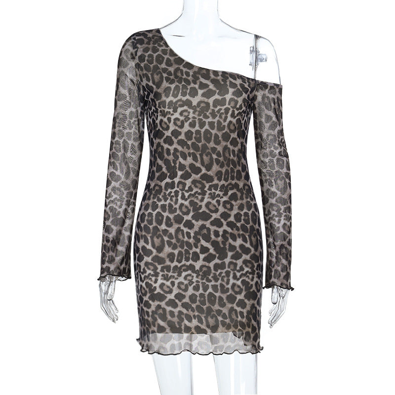 Off-Shoulder Sexy Backless Leopard-Print Long-Sleeve Dress