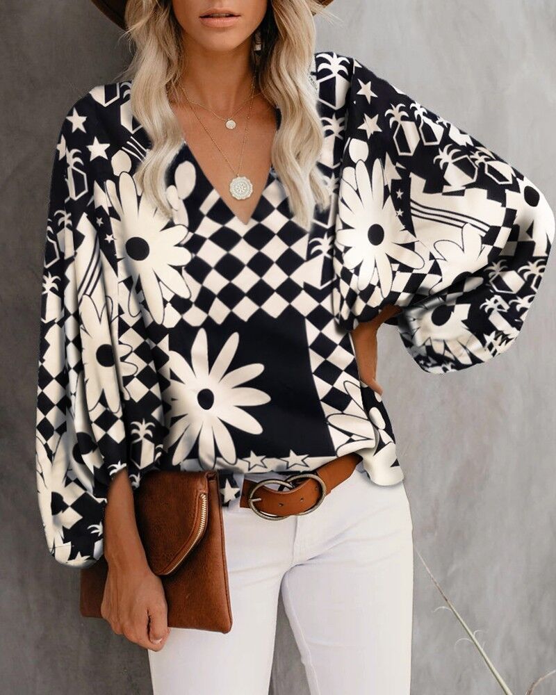 Casual Shirt Printed Lantern Sleeve Top