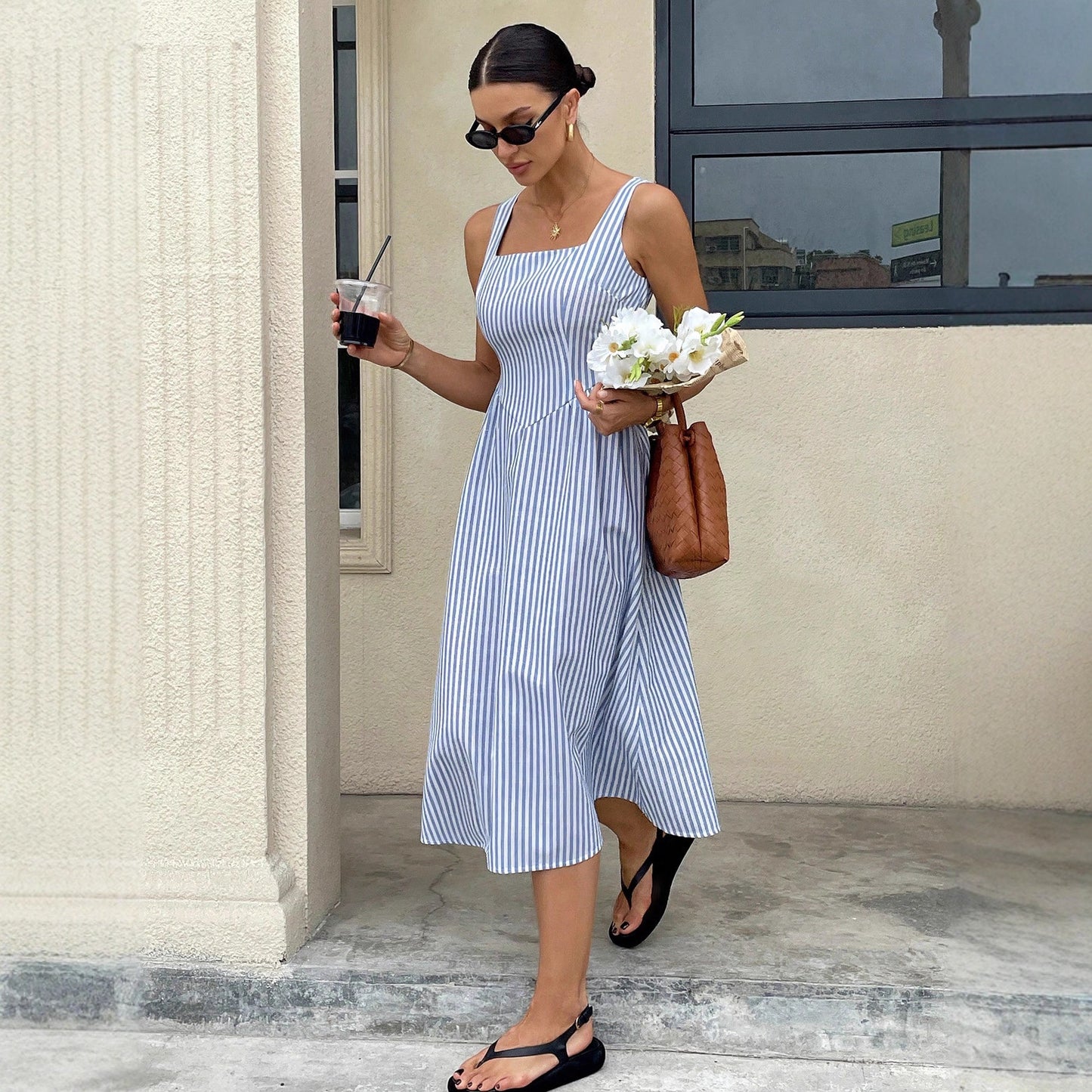 Womens Casual Sleeveless Strappy Square-Neck Colorblock Striped Dress