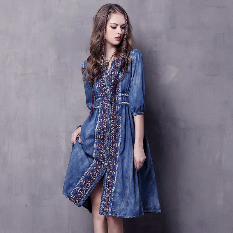 Women's Loose Mid Length Embroidered Drawstring Denim Skirt