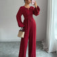 Women's Solid-Colored Jumpsuit With Puffed Sleeves, Square Neck And Wide Legs