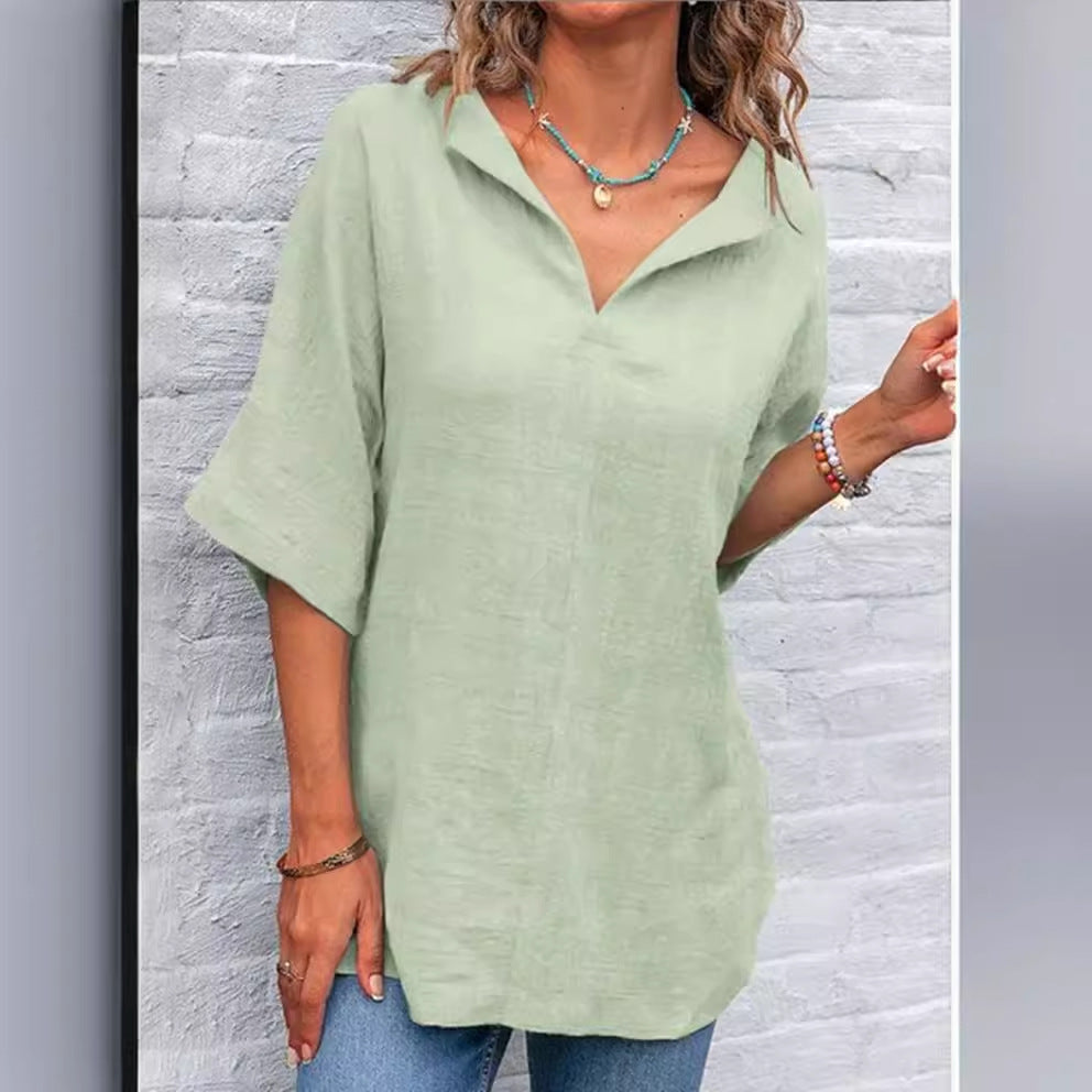 Women's V-neck Solid Color Cotton And Linen Top