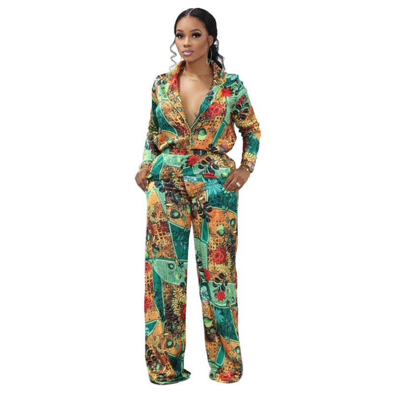 Costume deux pièces décontracté à col en V et imprimé numérique pour femme