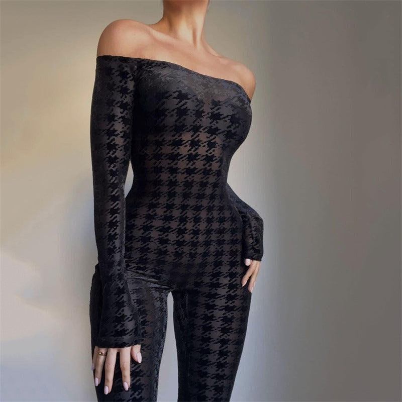 Women's Solid Color Skinny One-shoulder Striped Jumpsuit