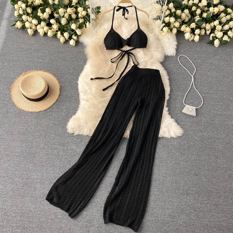 Ensemble deux pièces haut à lacets et pantalon large en tricot ajouré