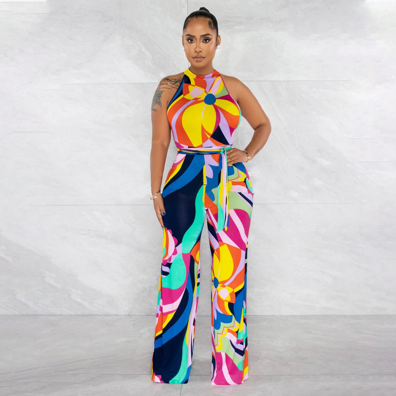 Women's Printed Sleeveless Lace-up Jumpsuit Trousers