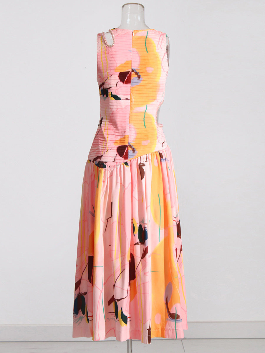 Robe mi-longue plissée à taille évidée pour femme, couleur unie