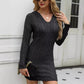 Robe en tricot à manches longues et col en V pour femme, couleur unie, taille fine, tendance