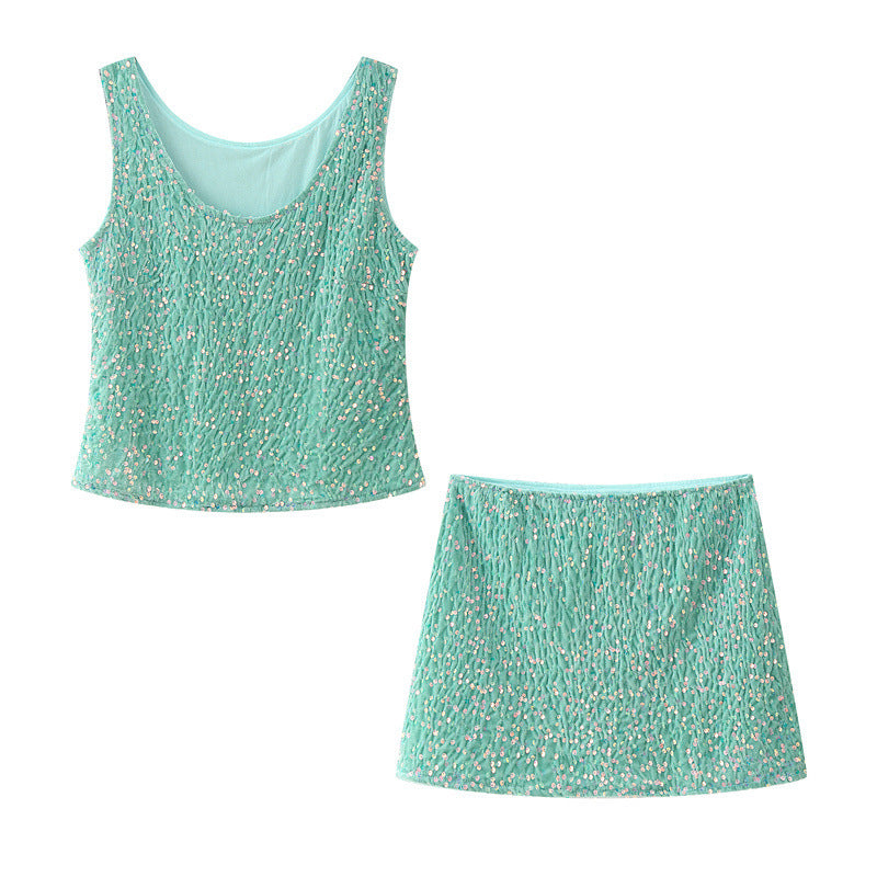 Sequin Sling Top High Waist Mid-length Dress Set