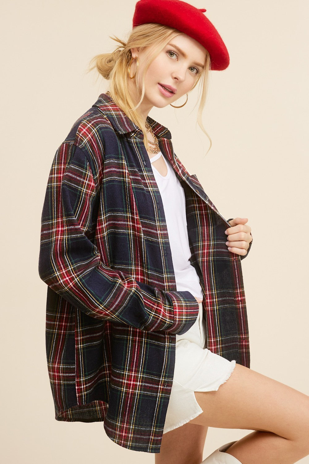 Women's Fashion Polo Collar Pocket Single-breasted Plaid Shirt