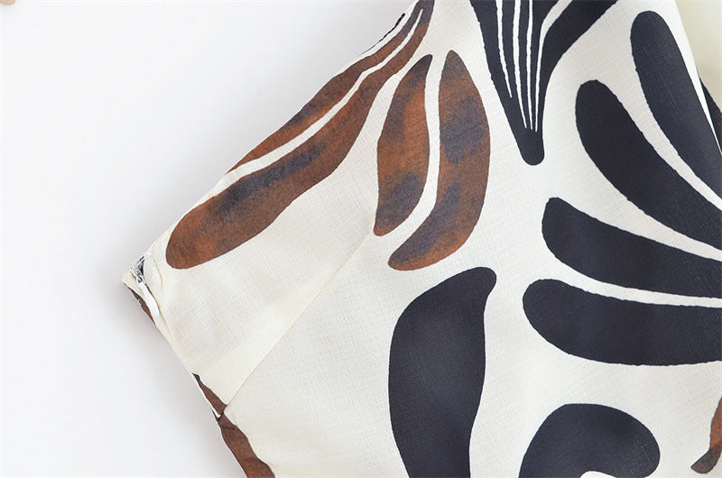 Irregular Oblique Shoulder Leaf Print Sleeveless Dress