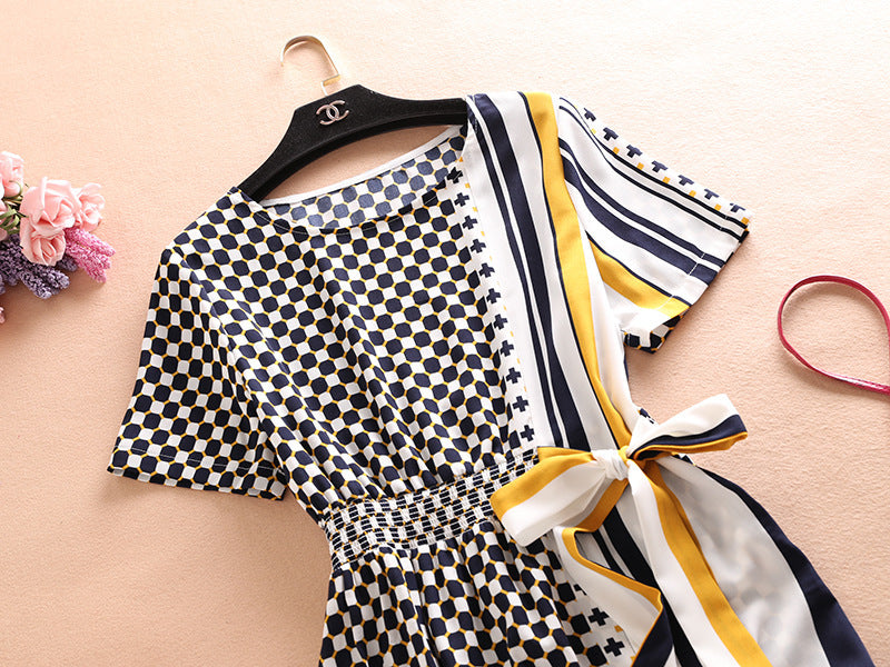 Short-sleeved Chiffon Crew Neck With Tight Waist And Side Ties