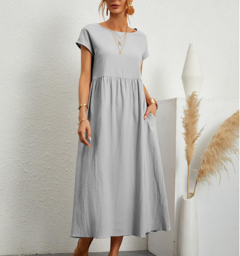 European And American Solid Color Sleeveless Loose Cotton Linen Pocket Dress