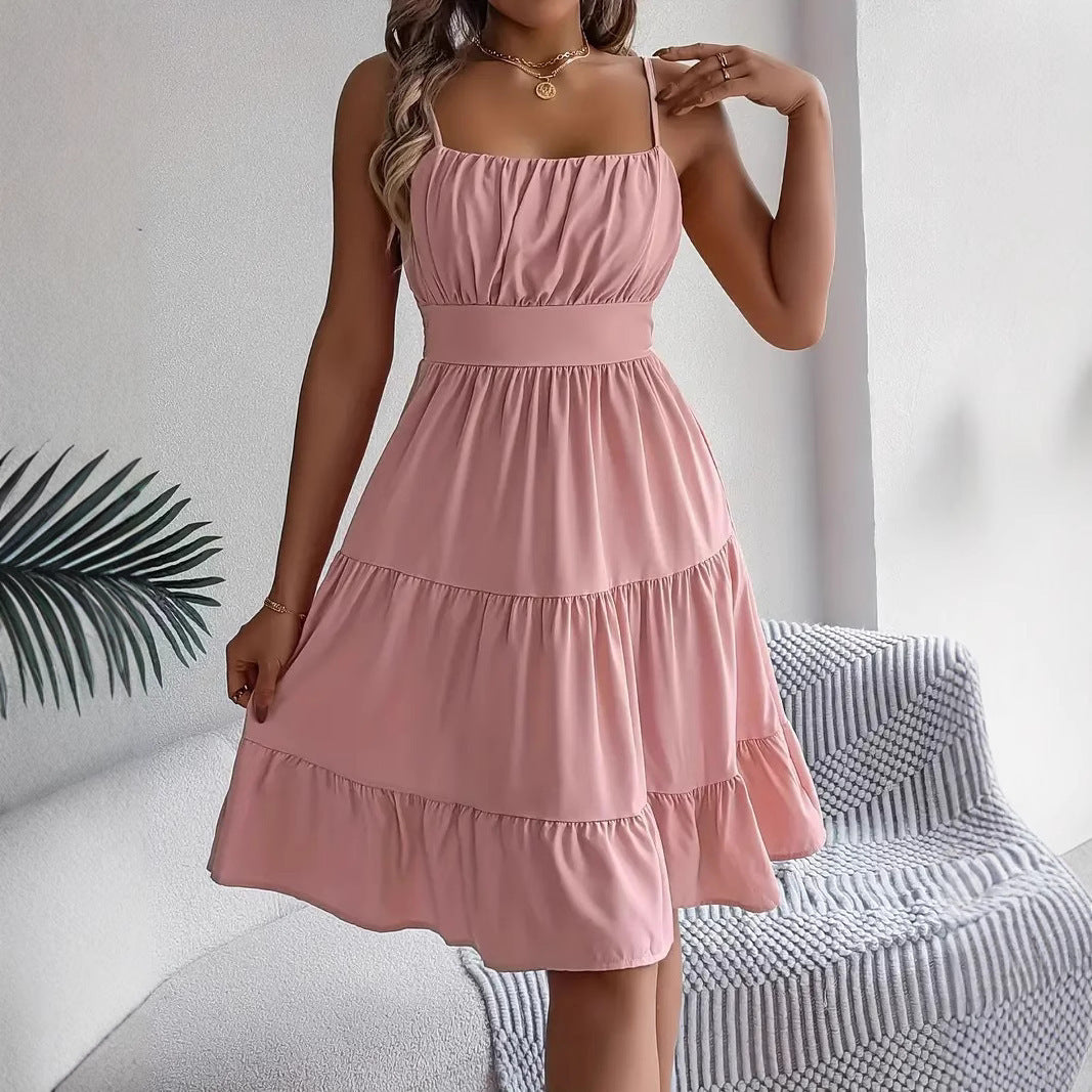 Sleeveless Sling Square Collar Smocking Layered Pleated Dress